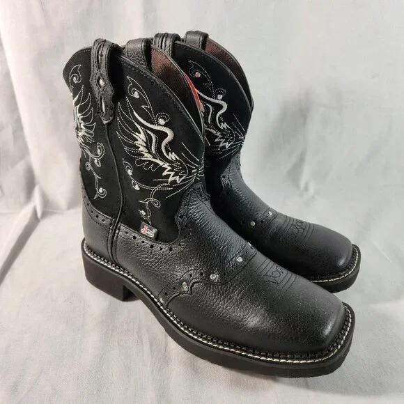 Justin Womens 10 B Black Boots Leather Western Square Gypsy Wings Cross Cowgirl - Picture 2 of 16